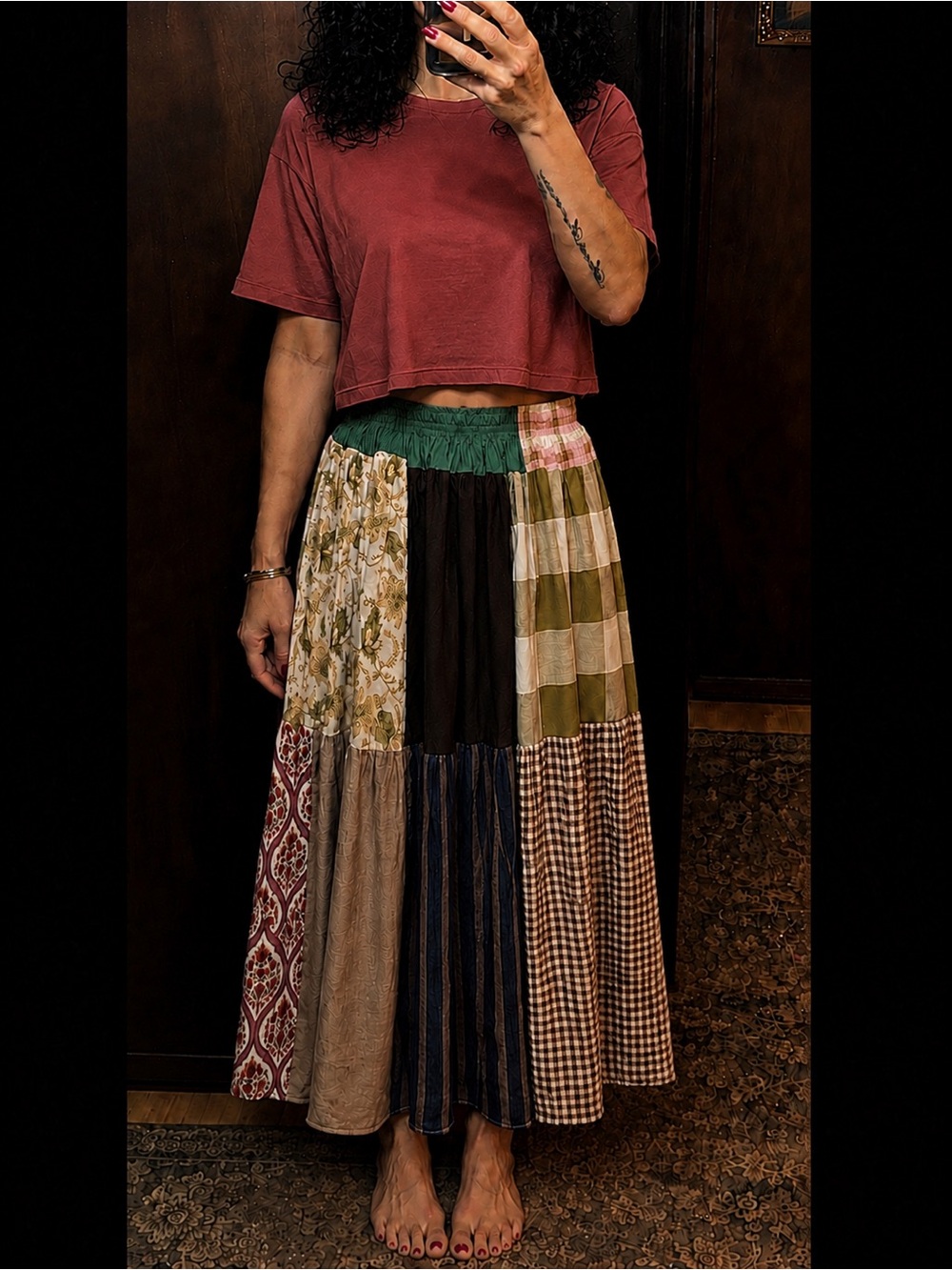 Handmade 100% Cotton/Linen Patchwork Maxi Skirt Size Small/Medium New